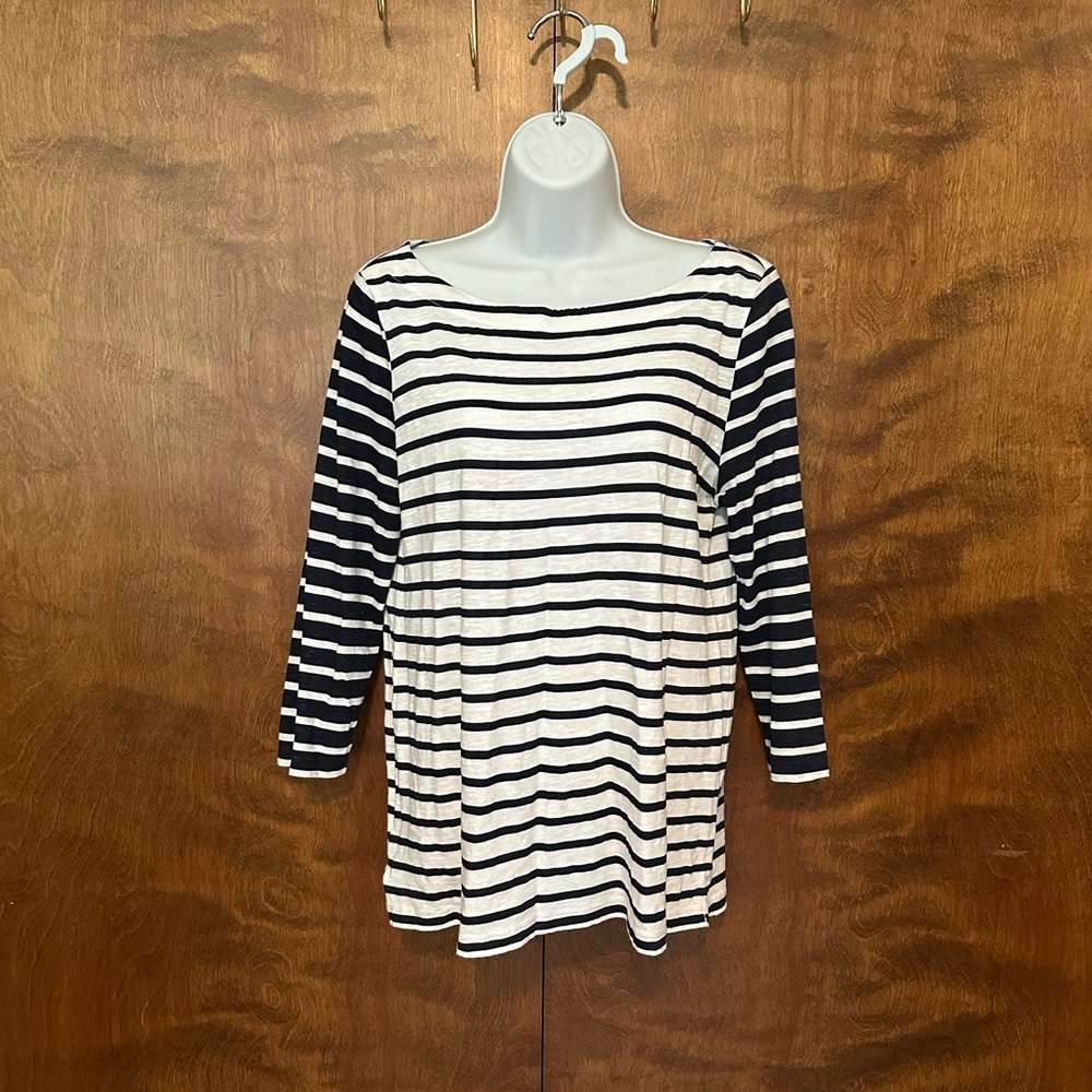 Loft Outlet 3/4 Sleeve Boatneck Top Womens M Navy & White Contrast Stripe Cotton